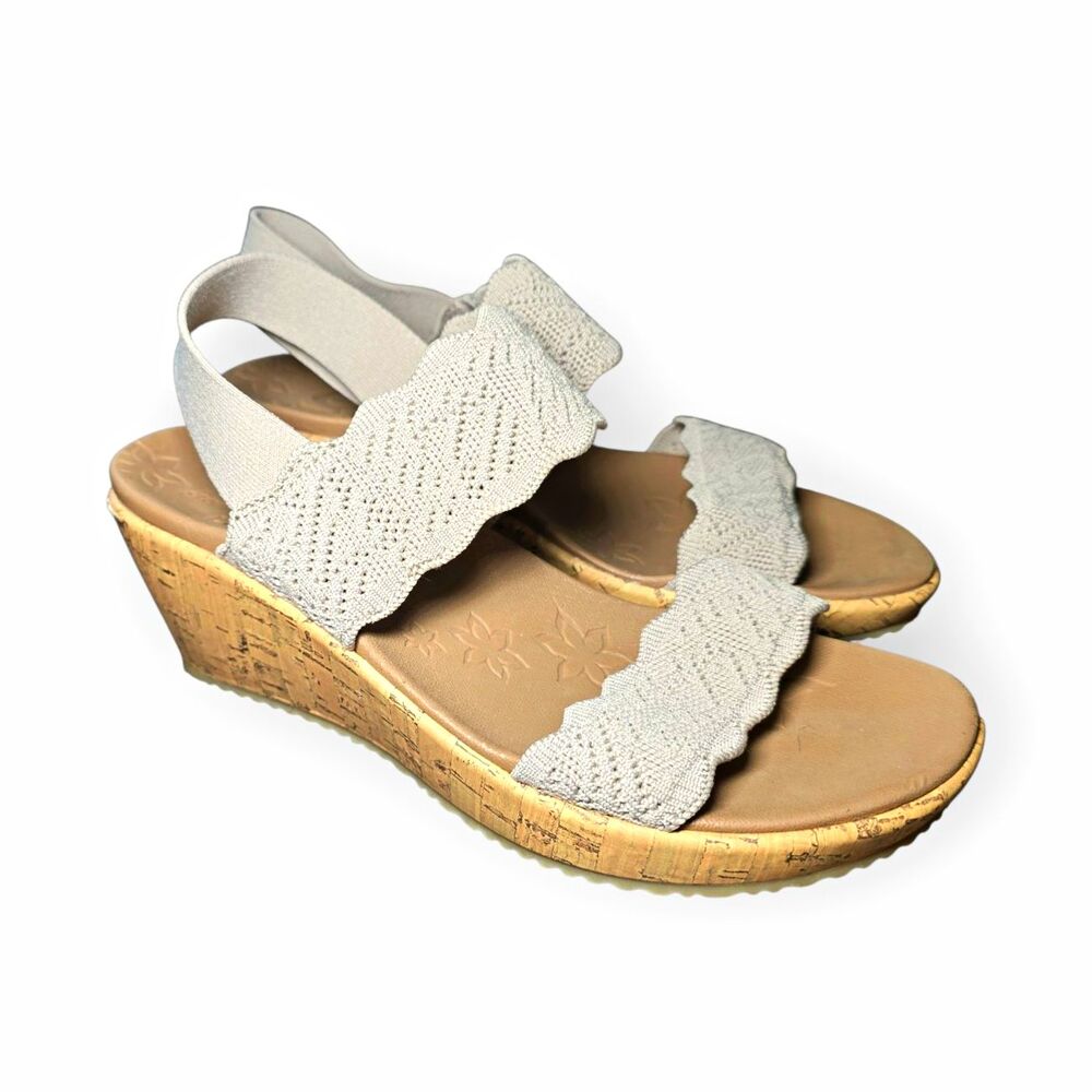 Skechers Cali Beverlee Timeless Touch Womens 7 Taupe Crochet Cork Wedge Sandals